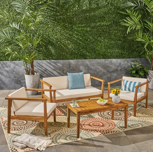 Outdoor 4-Seater Acacia Wood Chat Set With Coffee Table With Cushions, Teak And Beige