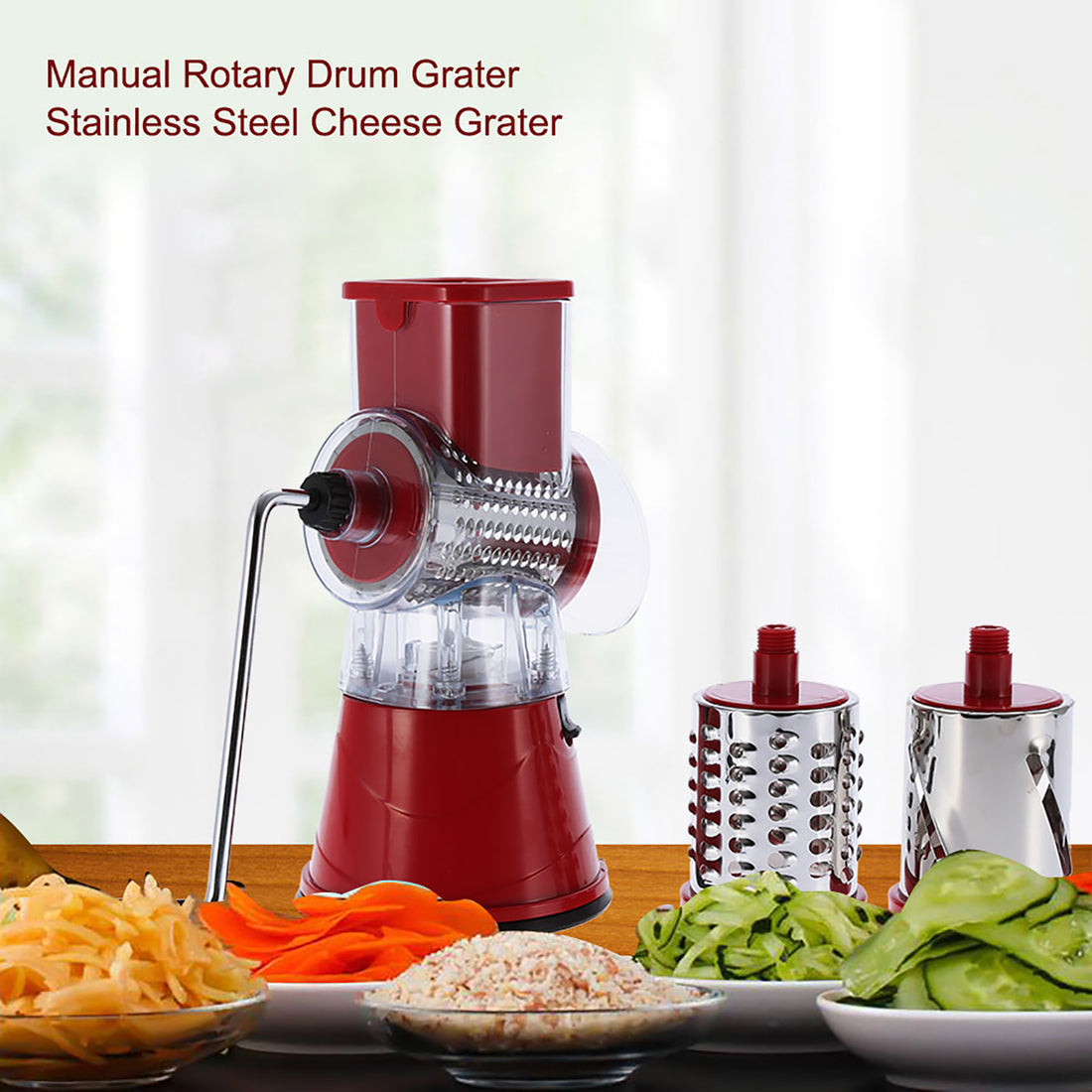 Manual Rotary Drum Grater Stainless Steel Cheese Grater Vegetables Cutter Slicing Tool Shredder Red