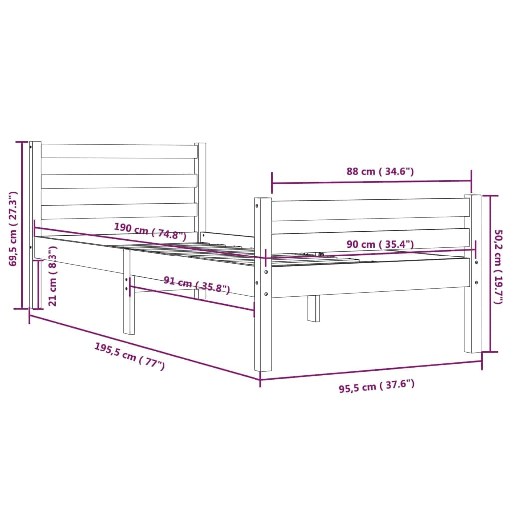 vidaXL Bed Frame without Mattress White Solid Wood 90x190 cm Single Single