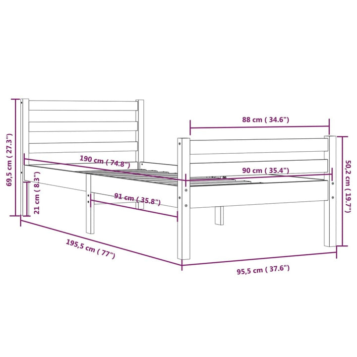 vidaXL Bed Frame without Mattress White Solid Wood 90x190 cm Single Single