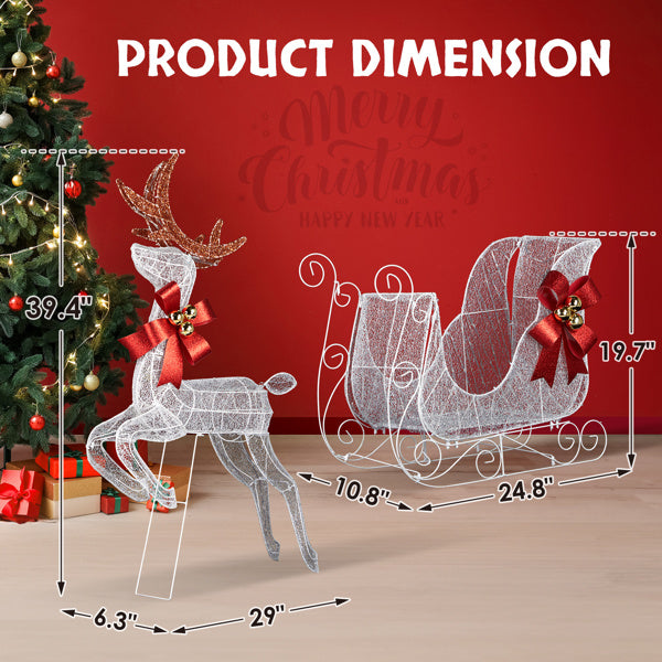 7 feet x 10.8in x 39.4 inches Deer Sled, White Light, Powder Mesh, Christmas Lights, Reindeer