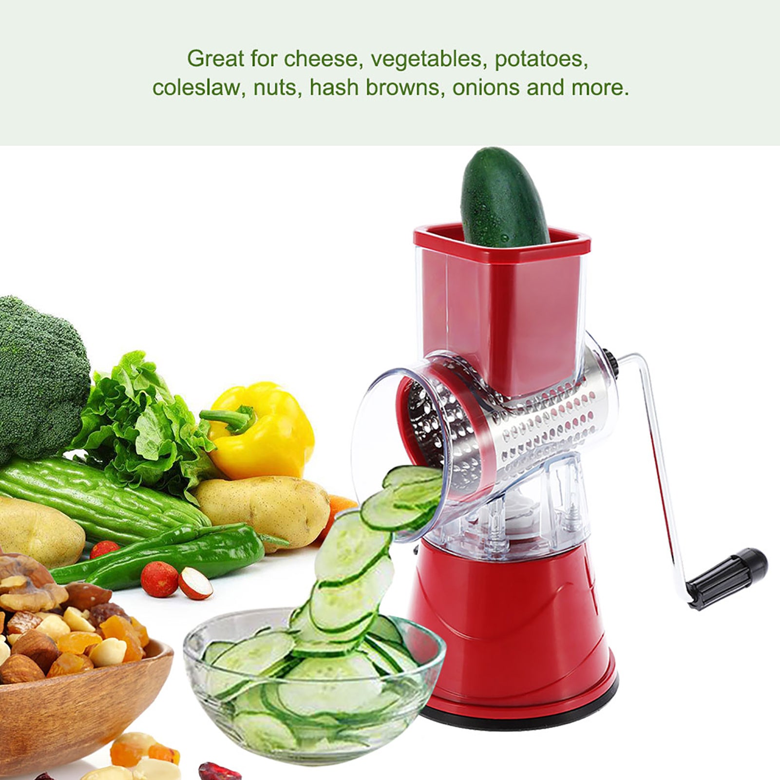 Manual Rotary Drum Grater Stainless Steel Cheese Grater Vegetables Cutter Slicing Tool Shredder Red