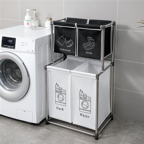 Laundry Basket 2 Tiers Laundry Sorter With 4 Removable Bags For Sorting Clothes, Laundry, Light, Dark Laundry