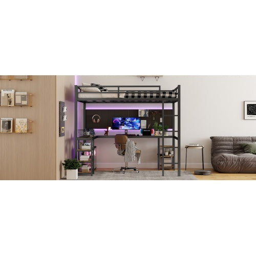 Full XL Metal Loft Bed With Desk And Shelves, Loft Bed With Ladder And Guardrails, Loft Bed Frame For Bedroom, Black