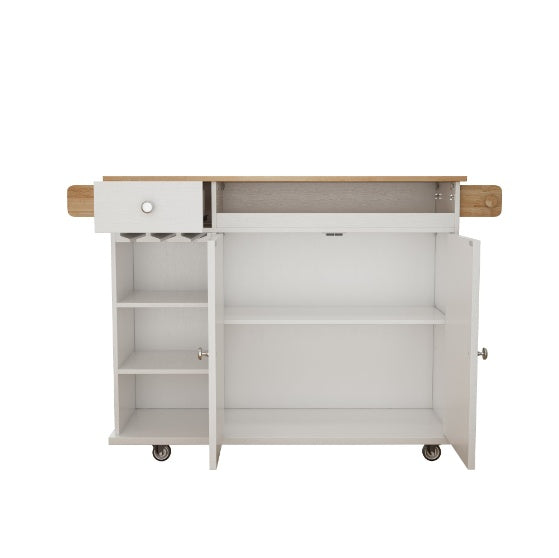 Kitchen Island Trolley With Solid Wood Top, Wine Storage, Spice Rack, Towel Rack, Wine Glass Holder