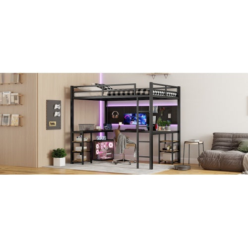 Full XL Metal Loft Bed With Desk And Shelves, Loft Bed With Ladder And Guardrails, Loft Bed Frame For Bedroom, Black