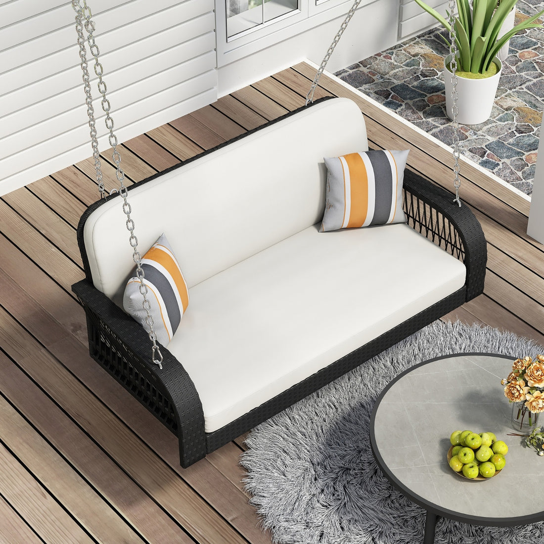 GO PE Wicker Porch Swing 2-Seater Hanging
