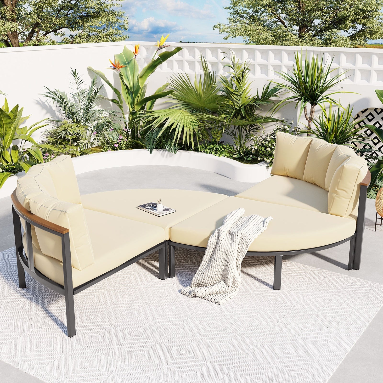 U-style Patio Furniture Set, 4 Piece Round Outdoor Conversation Set All Weather Metal Sectional Sofa