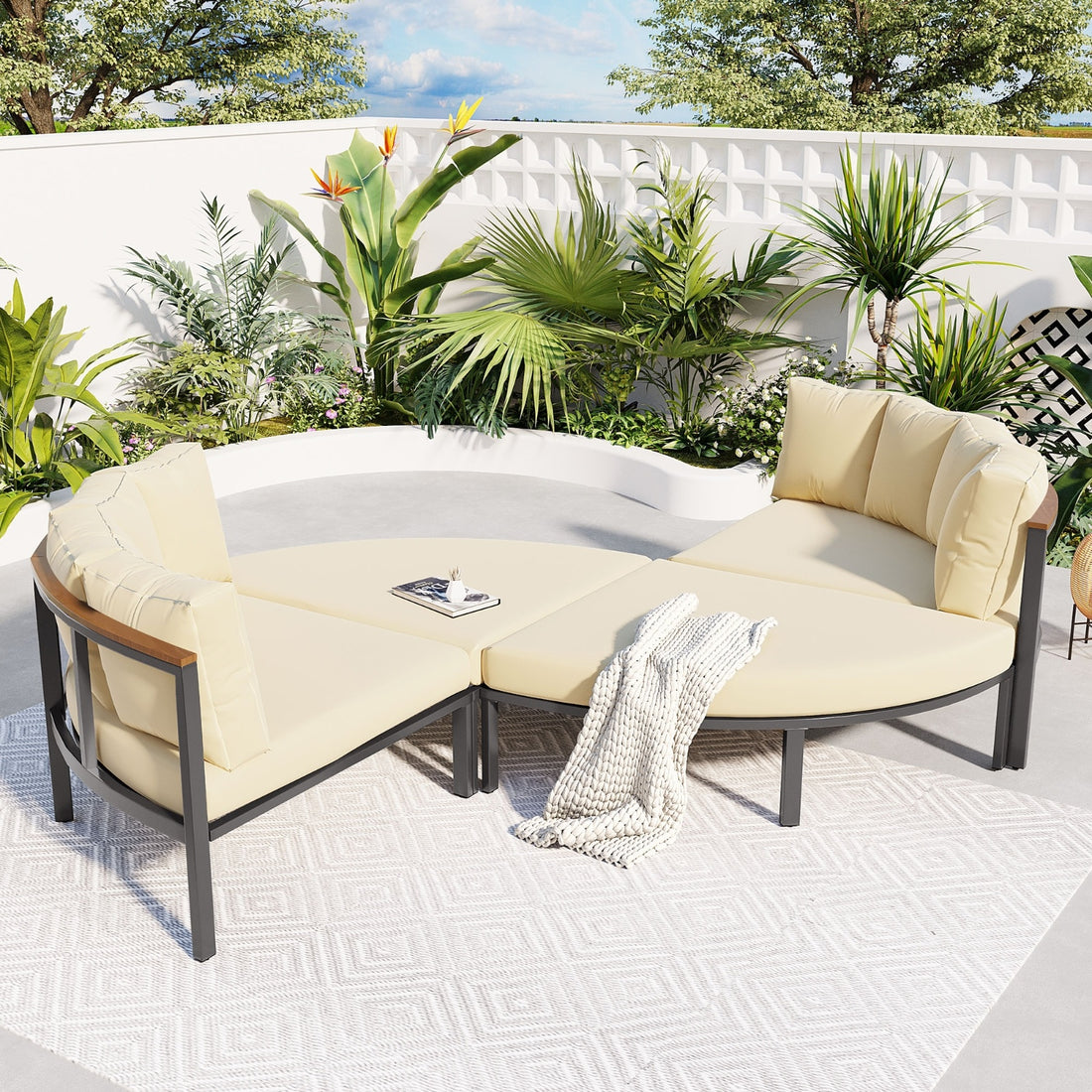 U-style Patio Furniture Set, 4 Piece Round Outdoor Conversation Set All Weather Metal Sectional Sofa