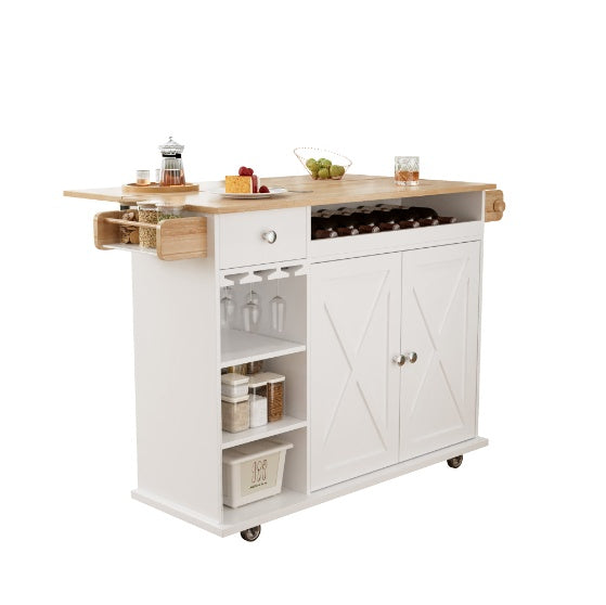 Kitchen Island Trolley With Solid Wood Top, Wine Storage, Spice Rack, Towel Rack, Wine Glass Holder