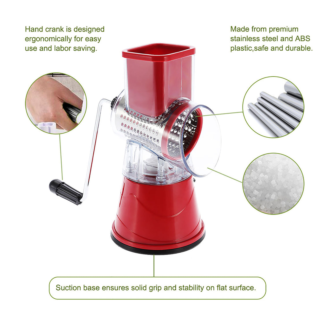 Manual Rotary Drum Grater Stainless Steel Cheese Grater Vegetables Cutter Slicing Tool Shredder Red